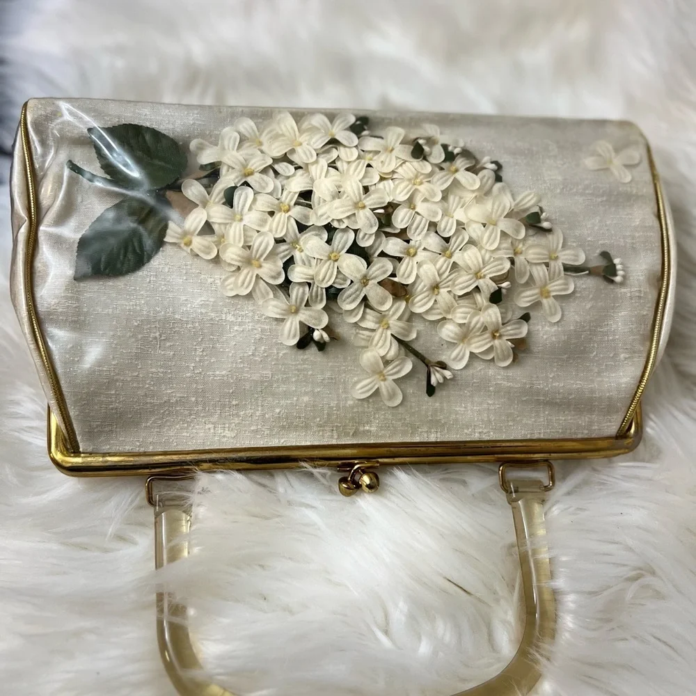 Vintage JR Vinyl Bunch of Daisies Floral Beige Clutch Purse Kiss Clasp 1960s - Picture 9 of 11